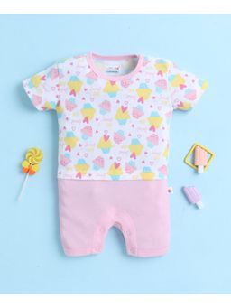 Bumzee - White and Baby Pink Girls Half Sleeves Thigh Length Romper