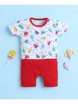 Bumzee - White and Red Boys Half Sleeves Thigh Length Romper