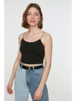 Trendyol - Black Semi-fit Solid Scoop Neck Top