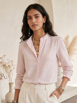BOHOLYFE - Men Pink Cotton Linen Stripes Shirt
