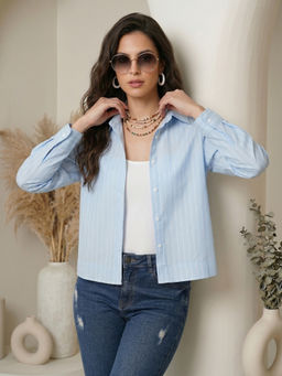 BOHOLYFE - Men Blue Cotton Stripes Shirt