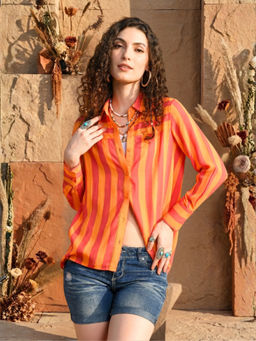 BOHOLYFE - Men Orange Viscose Rayon Stripes Shirt