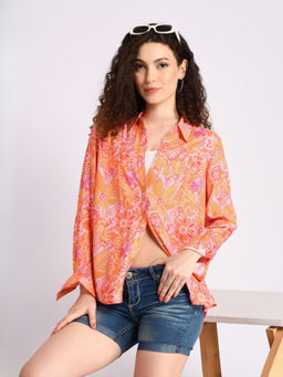 BOHOLYFE - Men Orange Viscose Rayon Floral Shirt