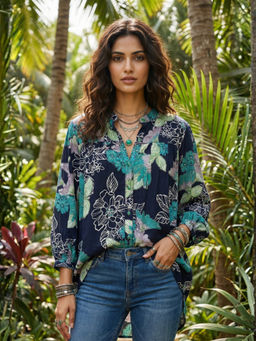 BOHOLYFE - Men Teal Viscose Rayon Floral Shirt