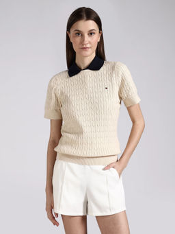 Tommy Hilfiger - Men Beige Cotton Textured Sweater