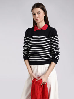 Tommy Hilfiger - Men Navy Blue Acrylic Stripes Sweater