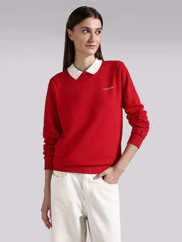Tommy Hilfiger - Men Red Cotton Solid/Plain Sweatshirt