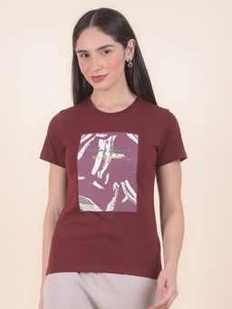 Cantabil - Men Wine Polycotton Printed T-Shirt