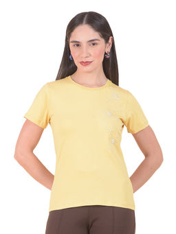 Cantabil - Men Yellow Cotton Blend Embroidered T-Shirt