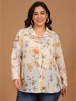 THE PINK MOON - Men Beige Viscose Floral Shirt