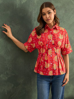 Uptownie - Men Red Pure Cotton Printed Shirt