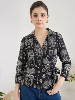 Uptownie - Men Black Pure Cotton Geometric Shirt