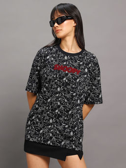 Bewakoof - Official Peanuts Women's Black All Over Printed Oversized T-shirt