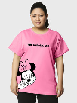 Bewakoof - Official Disney Women's Pink Sarcastic one Graphic Printed Plus Size Boyfriend T-shirt