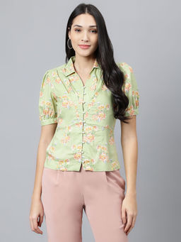 Latin Quarters - Women Green Puff Sleeve Floral Top