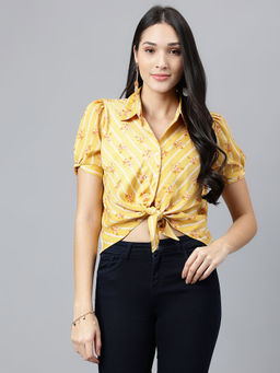 Latin Quarters - Women Yellow Short Sleeve Printed Crop Top