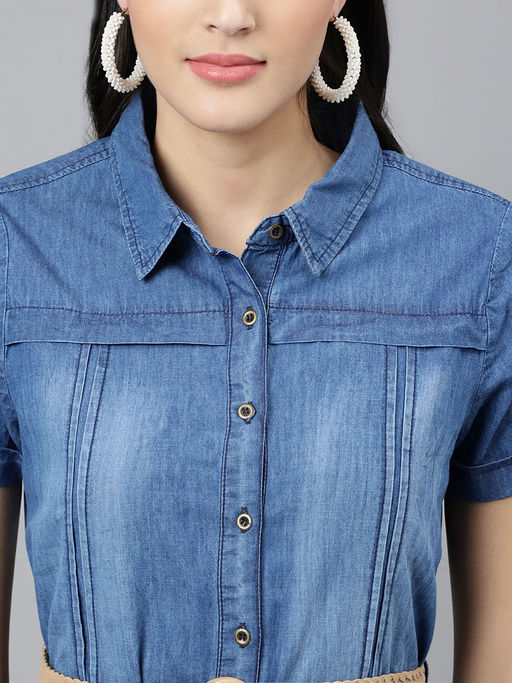 latin quarters denim dress Latin Quarters Women Blue Denim Collared Half Sleeves Solid Casual Min