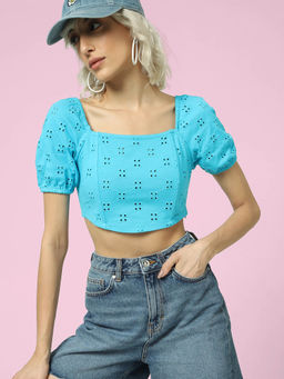 ONLY - Blue Schiffli Detail Crop Top
