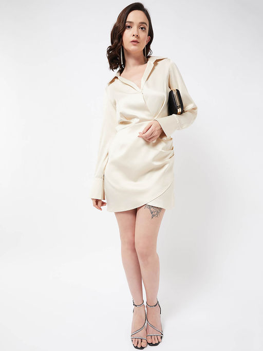 cream satin shirt dress Fluid tailoring meets innovative design. This satin shirt dress in cream with fine black stripes is defined by a tie belt at the waist and our signature slit sleeve detail, bringing a