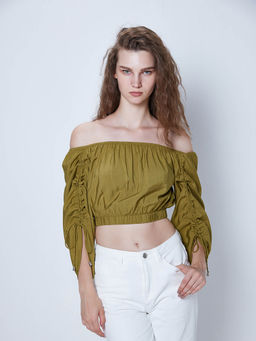 Cover Story - Olive Ruched Off Shoulder Crop Top