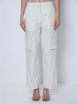 Cover Story - Off White Solid Straight Cargo Pant