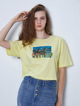 Cover Story - Yellow Printed Crop T-Shirt