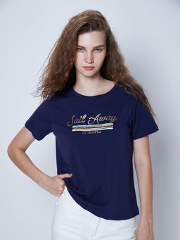 Cover Story - Navy Blue Slogan Printed T-shirt