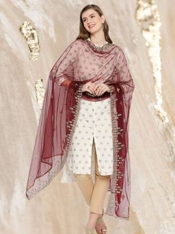 Dupatta Bazaar - Women's Embroidered & Embellished Burgundy Net Dupatta