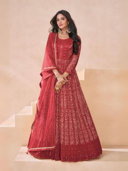 Odette - Red Georgette Embellished Semi Stitched Anarkali Kurta Set for Women (Set of 3)