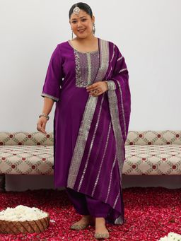 Extra love by Libas - Plus Size Women Purple Yoke Design Silk Blend Straight Kurta Sets for Women
