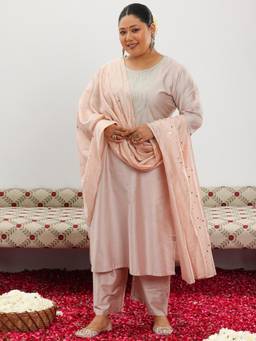 Extra love by Libas - Plus Size Women Pink Yoke Design Silk Blend Straight Kurta Sets for Women