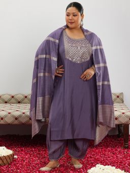 Extra love by Libas - Purple Yoke Design Silk Blend Straight Kurta Sets for Women