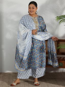 Extra love by Libas - Blue Printed Cotton Straight Kurta Sets for Women