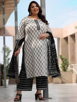 Extra love by Libas - Plus Size Women Off White Printed Cotton Straight Kurta Sets for Women