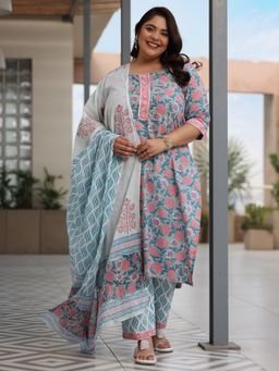Extra love by Libas - Blue Printed Cotton Straight Kurta Sets for Women