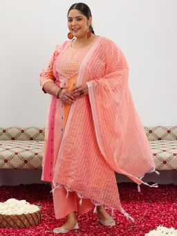 Extra love by Libas - Plus Size Women Peach Self Design Cotton Blend Straight Kurta Sets for Women
