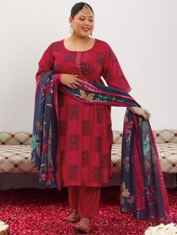 Extra love by Libas - Plus Size Women Red Printed Silk Blend Straight Kurta Sets for Women