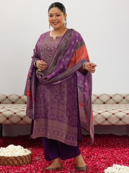 Extra love by Libas - Purple Printed Silk Blend Straight Kurta Sets for Women