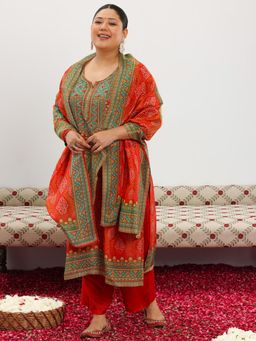 Extra love by Libas - Plus Size Women Orange Printed Silk Blend Straight Kurta Sets for Women