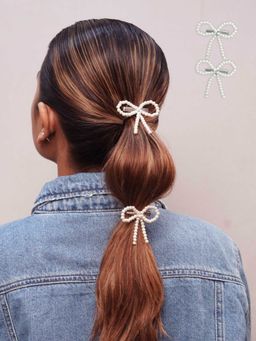 Hair Drama Co. - Off-White Embellished Pearl Hair Bow Alligator Clip - Pack Of 2