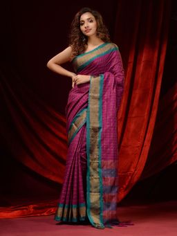 CHARUKRITI - Magenta Cotton Silk Checkered Zari Borders and Striped Pallu Saree with Unstitched Blouse