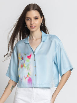 SHAYE - Women Blue Collar Neck Floral Print Short Sleeves Casual Shirt