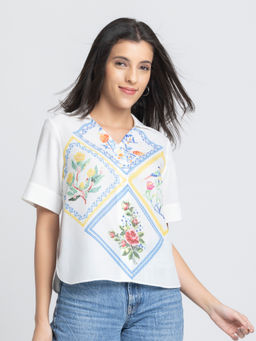 SHAYE - Women White Spread Collar Floral Print Short Sleeves Casual Shirt