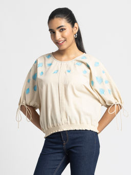 SHAYE - Women Beige Cotton Embroidered Top