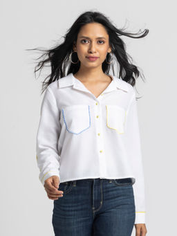 SHAYE - Women White Spread Collar Solid Full Sleeves Casual Shirt
