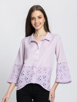 SHAYE - Women Lavender Spread Collar Embroidered Three-Quarter Sleeves Casual Shirt