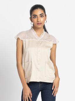 SHAYE - Women Beige Satin Embroidered Top