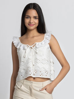 SHAYE - Women White Cotton Embroidered Crop Top