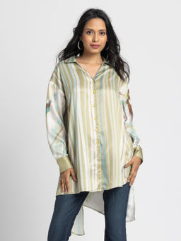 SHAYE - Women Green Spread Collar Stripe Print Full Sleeves Casual Oversized Shirt