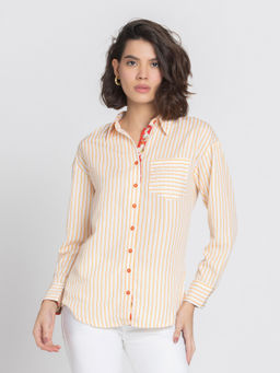 SHAYE - Women White Collar Stripe Print Full Sleeves Casual Shirt